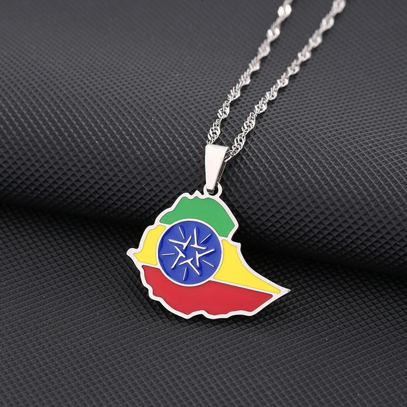 Enamel Drop Oil Ethiopia Map Flag Pendant Necklace for Women Girls Stainless Steel Jewelry Ethnic Birthday Party Gifts