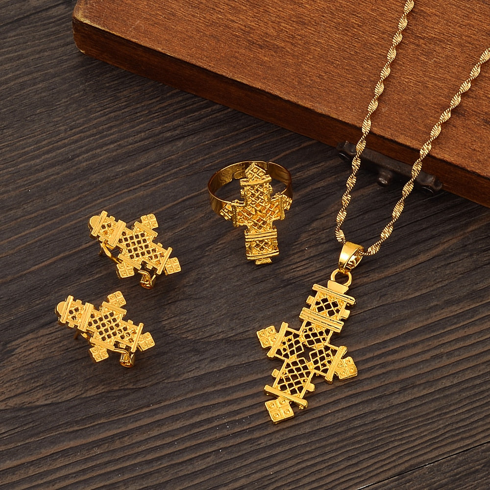 Hot Ethiopian Jewelry Sets Coptic Crosses Pure Gold Color Sets Nigeria Eritrea Kenya Habesha Style