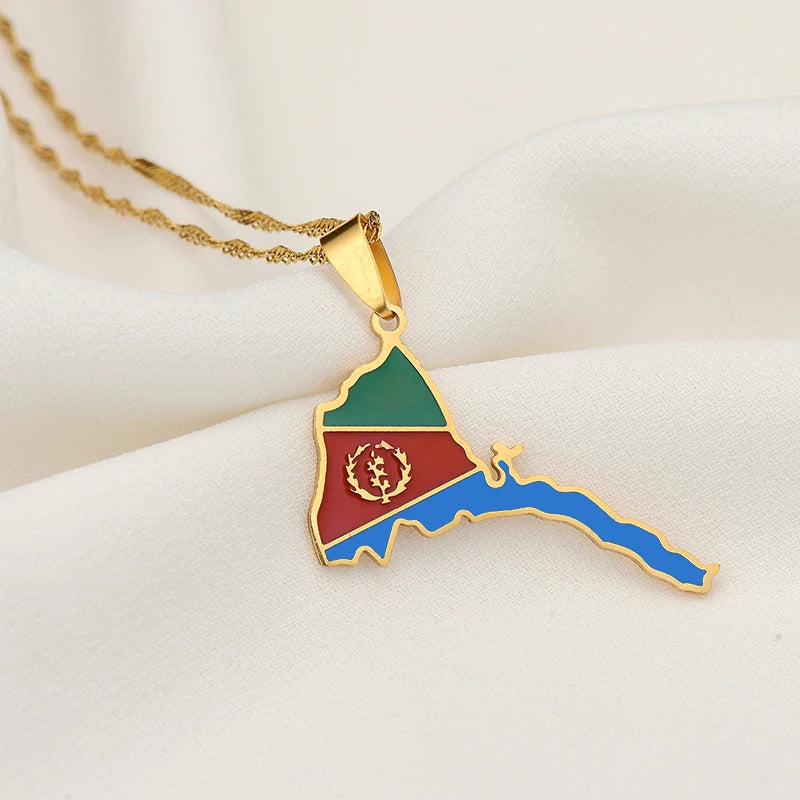 Eritrea Map Flag Pendant Thin Necklaces for Women Girls Gold Color African Map of Eritrean Stainless Steel Jewelry