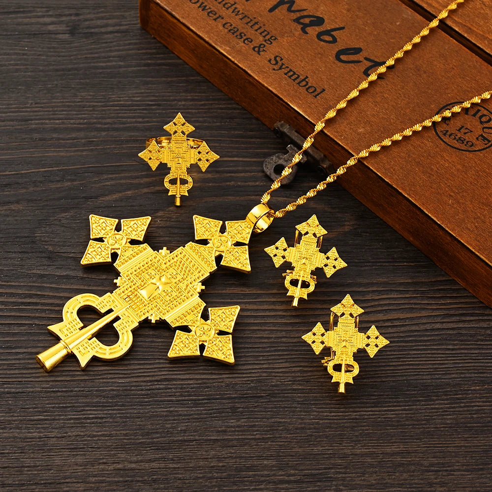 African Cross Necklace Earrings Ring Jewelry Sets Gold Color Ethiopian Eritrean Holiday Party Ornaments