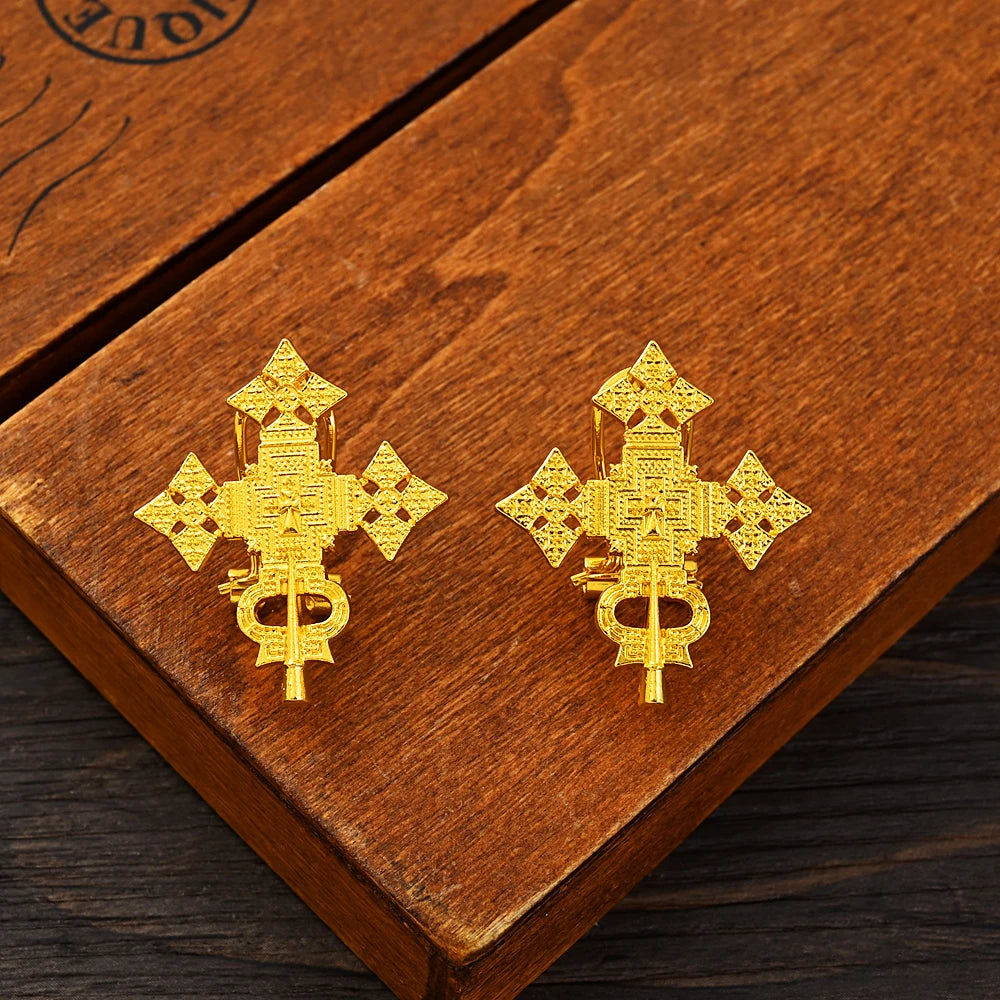 African Cross Necklace Earrings Ring Jewelry Sets Gold Color Ethiopian Eritrean Holiday Party Ornaments