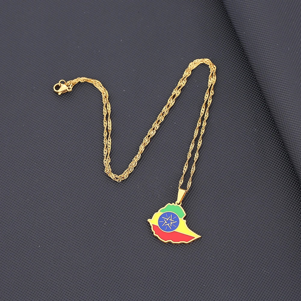 Enamel Drop Oil Ethiopia Map Flag Pendant Necklace for Women Girls Stainless Steel Jewelry Ethnic Birthday Party Gifts