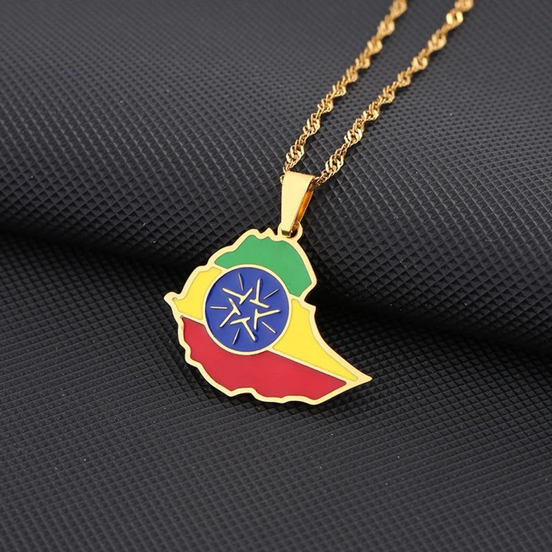 Enamel Drop Oil Ethiopia Map Flag Pendant Necklace for Women Girls Stainless Steel Jewelry Ethnic Birthday Party Gifts