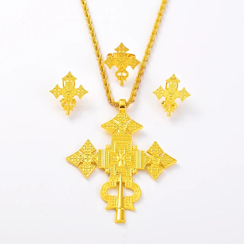 African Cross Necklace Earrings Ring Jewelry Sets Gold Color Ethiopian Eritrean Holiday Party Ornaments