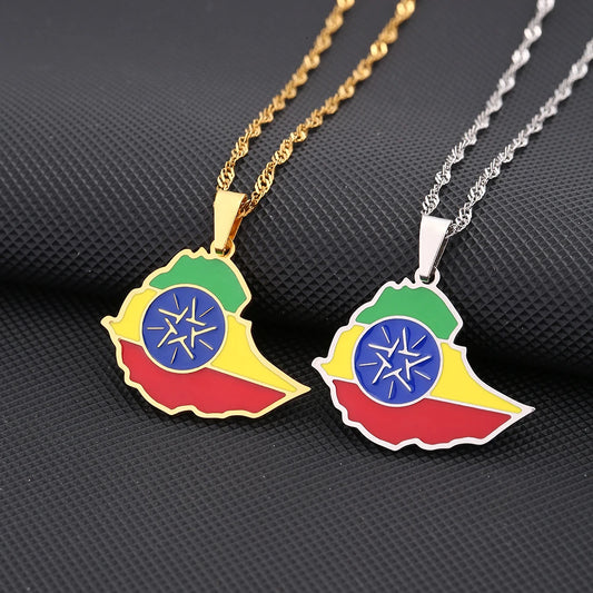 Enamel Drop Oil Ethiopia Map Flag Pendant Necklace for Women Girls Stainless Steel Jewelry Ethnic Birthday Party Gifts