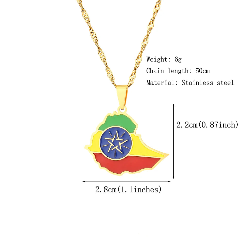 Enamel Drop Oil Ethiopia Map Flag Pendant Necklace for Women Girls Stainless Steel Jewelry Ethnic Birthday Party Gifts