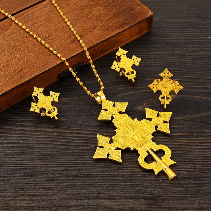 African Cross Necklace Earrings Ring Jewelry Sets Gold Color Ethiopian Eritrean Holiday Party Ornaments